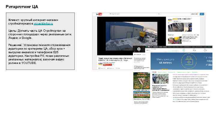 Ретаргетинг ЦА Клиент: крупный интернет-магазин стройматериалов vsyaotdelka. ru Цель: Догнать часть ЦА Стройпортал на