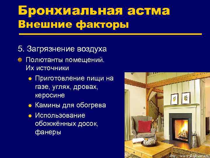 Бронхиальная астма Внешние факторы 5. Загрязнение воздуха Полютанты помещений. Их источники l Приготовление пищи