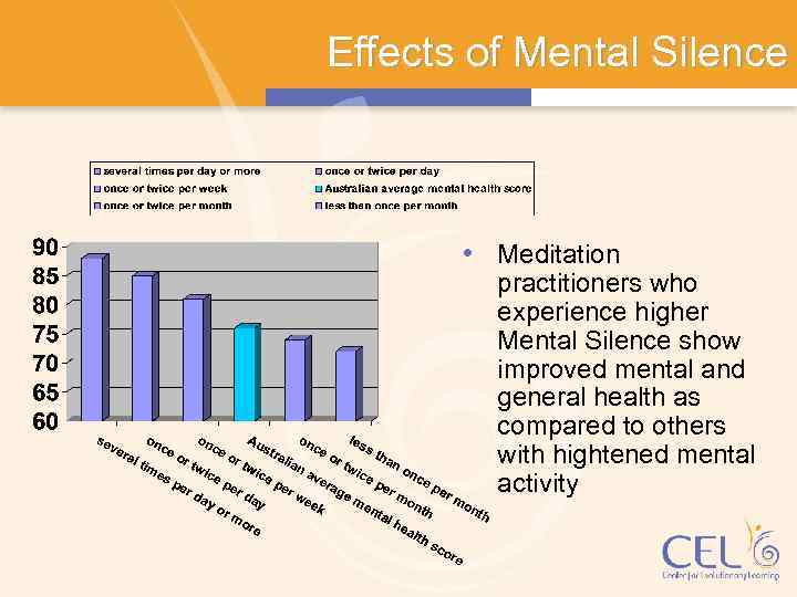 Effects of Mental Silence • Meditation practitioners who experience higher Mental Silence show improved