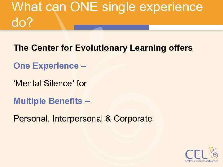 What can ONE single experience do? The Center for Evolutionary Learning offers One Experience