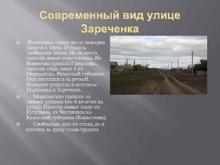 Современный вид улице Зареченка Некоторые семьи после пожаров ушли в г. Орск. Остались свободные
