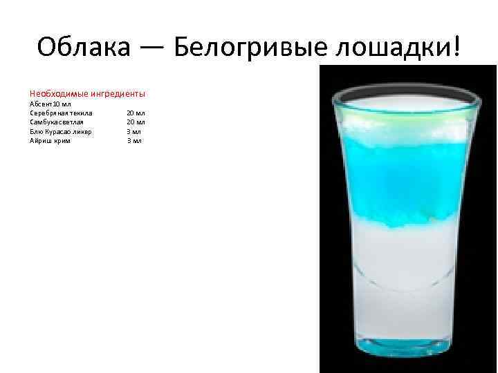 Облака — Белогривые лошадки! Необходимые ингредиенты Абсент10 мл Серебряная текила Самбука светлая Блю Курасао
