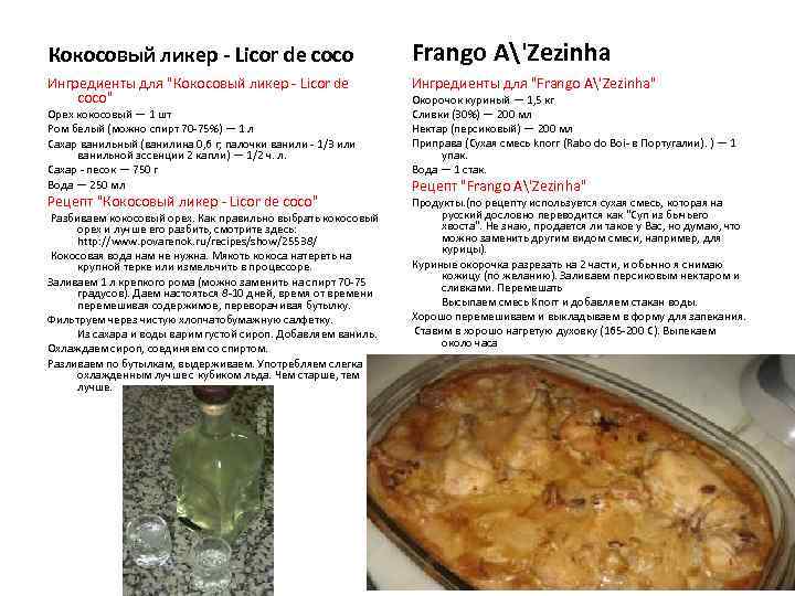 Кокосовый ликер - Licor de coco Frango A'Zezinha Ингредиенты для 