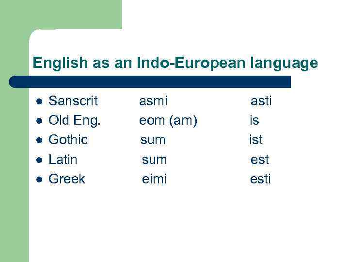 English as an Indo-European language l l l Sanscrit asmi asti Old Eng. eom