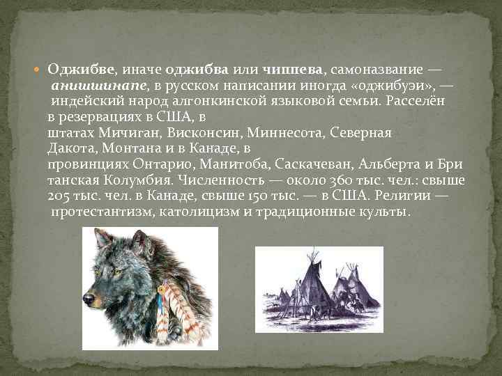  Оджибве, иначе оджибва или чиппева, самоназвание — анишшинапе, в русском написании иногда «оджибуэи»