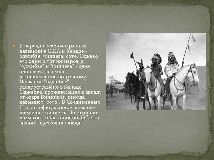  У народа несколько разных названий в США и Канаде - оджибве, чиппева, сото.