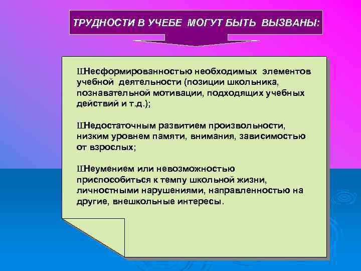 ТРУДНОСТИ В УЧЕБЕ МОГУТ БЫТЬ ВЫЗВАНЫ: Ш Несформированностью необходимых элементов учебной деятельности (позиции школьника,