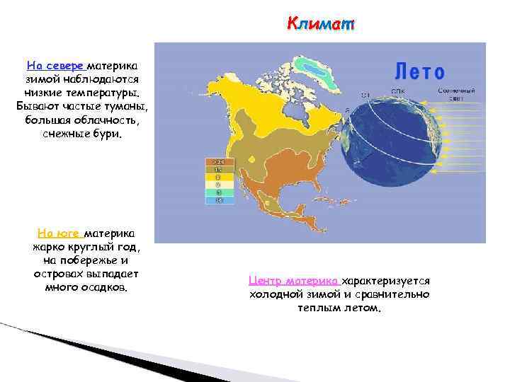 К л и м а т: На севере материка зимой наблюдаются низкие температуры. Бывают