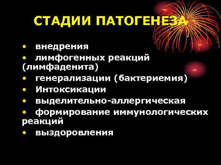 СТАДИИ ПАТОГЕНЕЗА • внедрения • лимфогенных реакций (лимфаденита) • генерализации (бактериемия) • Интоксикации •