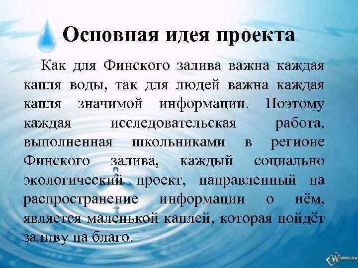 Основная идея проекта Как для Финского залива важна каждая капля воды, так для людей