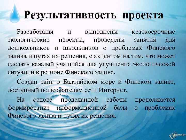 Результативность проекта Разработаны и выполнены краткосрочные экологические проекты, проведены занятия для дошкольников и школьников