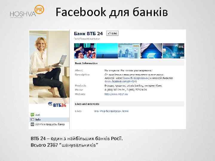 Facebook для банків ВТБ 24 – один з найбільших банків Росії. Всього 2367 “шанувальників”