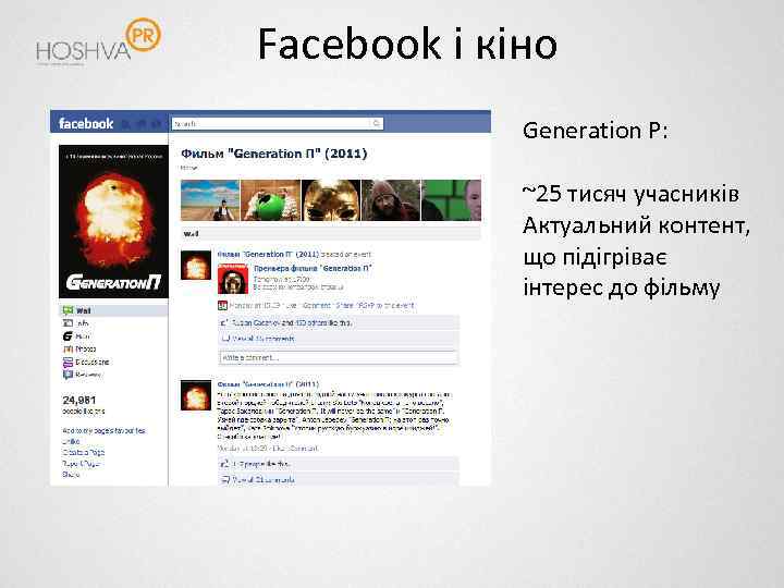 Facebook і кіно Generation P: ~25 тисяч учасників Актуальний контент, що підігріває інтерес до