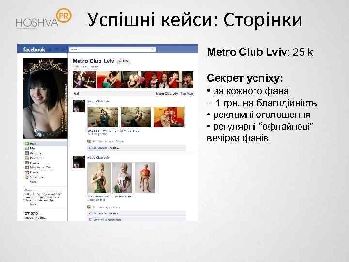 Успішні кейси: Сторінки Metro Club Lviv: 25 k Секрет успіху: • за кожного фана