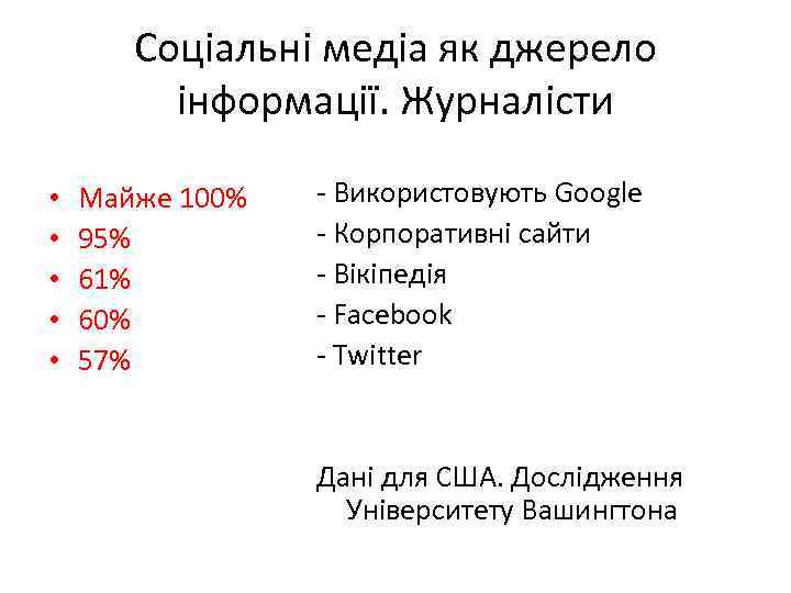 Соціальні медіа як джерело інформації. Журналісти • • • Майже 100% 95% 61% 60%