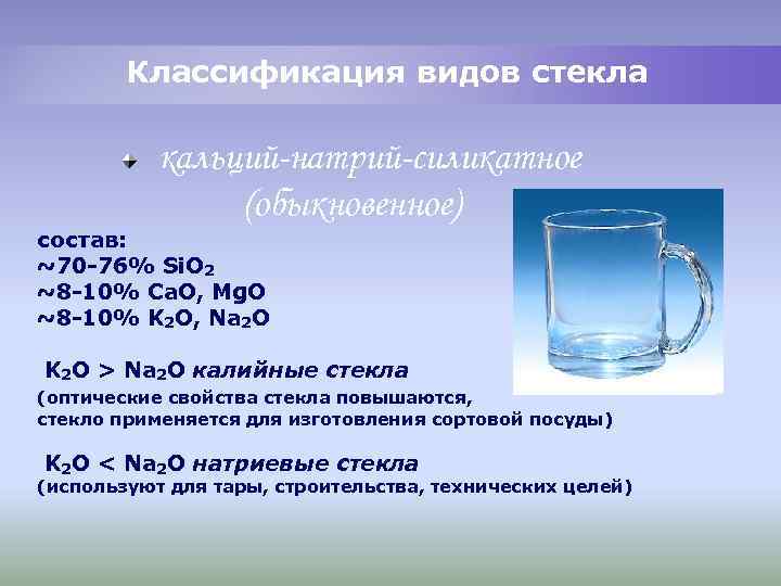 Классификация видов стекла кальций-натрий-силикатное (обыкновенное) состав: ~70 -76% Si. O 2 ~8 -10% Ca.