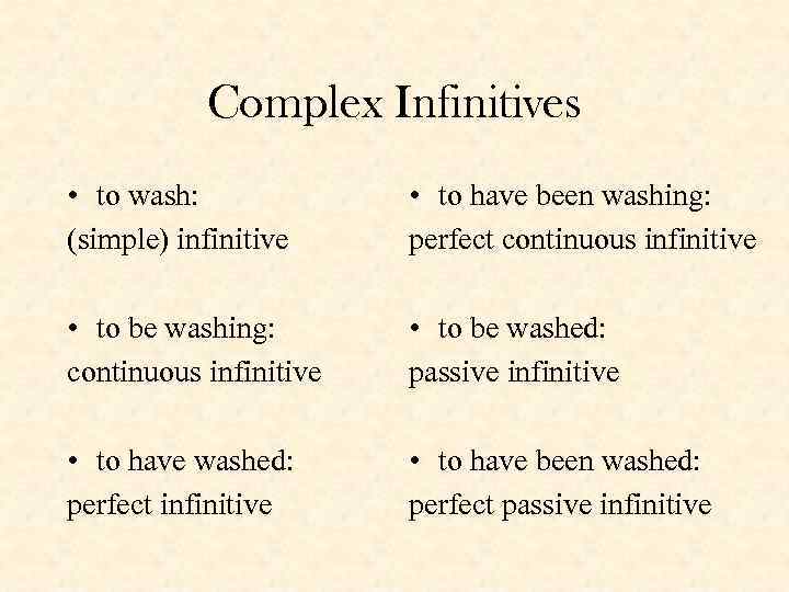 Complex Infinitives • to wash: (simple) infinitive • to have been washing: perfect continuous