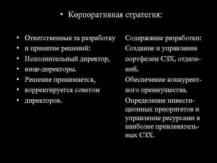  • Корпоративная стратегия: • • Ответственные за разработку и принятие решений: Исполнительный директор,