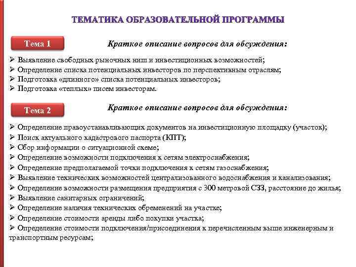 Тема 1 Краткое описание вопросов для обсуждения: Ø Выявление свободных рыночных ниш и инвестиционных