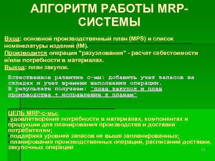 АЛГОРИТМ РАБОТЫ MRPСИСТЕМЫ Вход: основной производственный план (MPS) и список номенклатуры изделий (IM). Производится