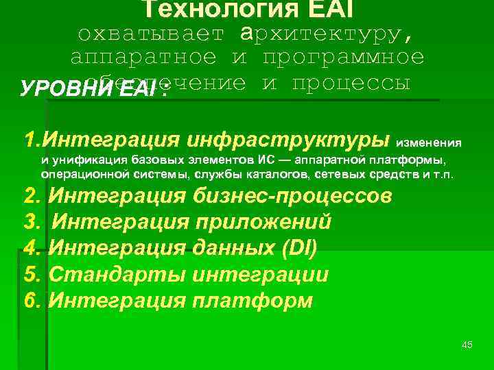 Технология EAI охватывает архитектуру, охватывает аппаратное и программное обеспечение и процессы УРОВНИ EAI :