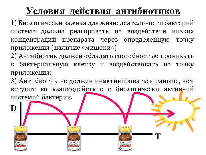 Условия действия антибиотиков 1) Биологически важная для жизнедеятельности бактерий система должна реагировать на воздействие