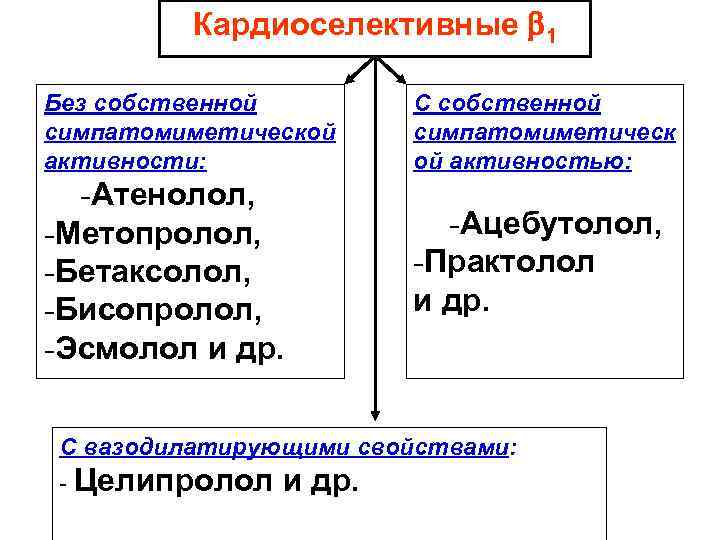 Кардиоселективные 1 Без собственной симпатомиметической активности: С собственной симпатомиметическ ой активностью: -Атенолол, -Метопролол, -Бетаксолол,