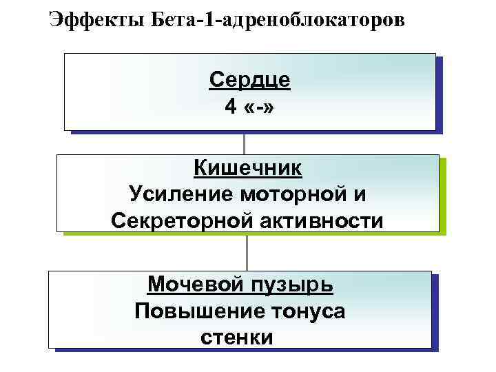 Эффекты Бета-1 -адреноблокаторов Сердце 4 «-» Кишечник Усиление моторной и Секреторной активности Мочевой пузырь