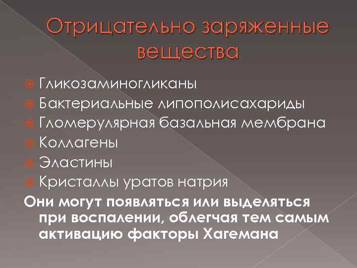 Отрицательно заряженные вещества Гликозаминогликаны Бактериальные липополисахариды Гломерулярная базальная мембрана Коллагены Эластины Кристаллы уратов натрия