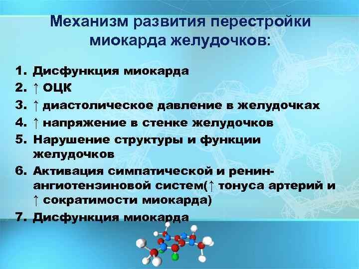 Механизм развития перестройки миокарда желудочков: 1. 2. 3. 4. 5. Дисфункция миокарда ↑ ОЦК