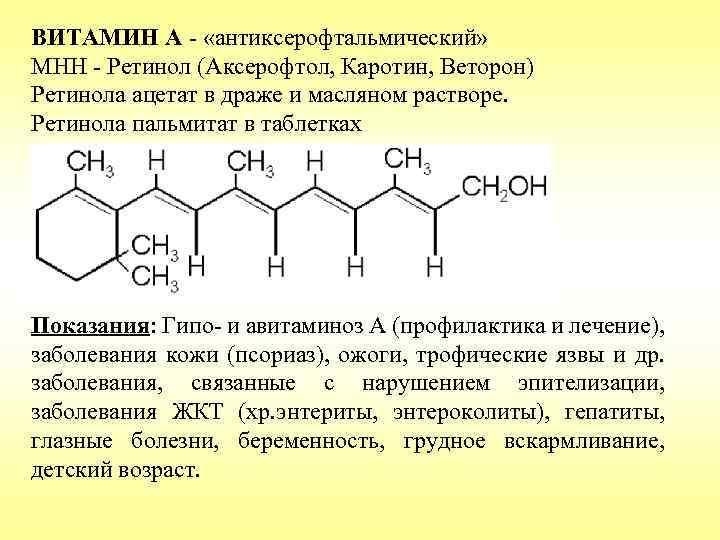 ВИТАМИН А - «антиксерофтальмический» МНН - Ретинол (Аксерофтол, Каротин, Веторон) Ретинола ацетат в драже