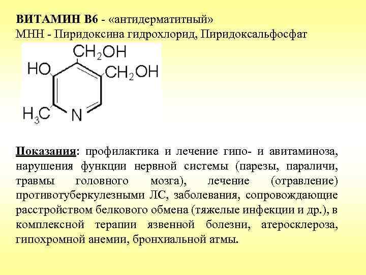 ВИТАМИН B 6 - «антидерматитный» МНН - Пиридоксина гидрохлорид, Пиридоксальфосфат Показания: профилактика и лечение