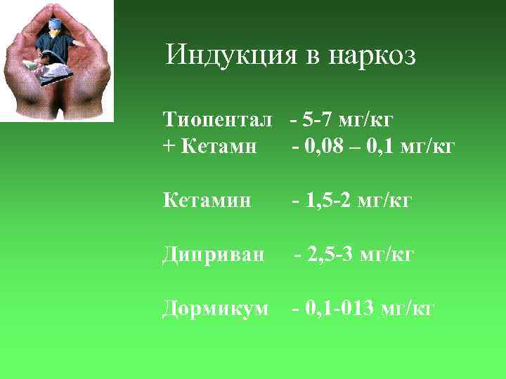 Индукция в наркоз Тиопентал - 5 -7 мг/кг + Кетамн - 0, 08 –