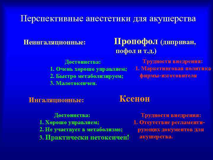 Перспективные анестетики для акушерства Неингаляционные: Пропофол (диприван, пофол и т. д. ) Достоинства: 1.