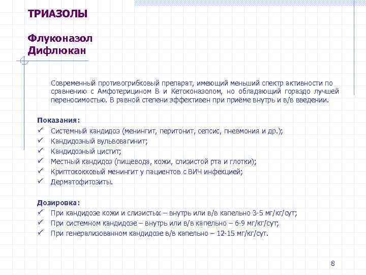 ТРИАЗОЛЫ Флуконазол Дифлюкан Современный противогрибковый препарат, имеющий меньший спектр активности по сравнению с Амфотерицином