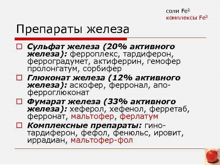 соли Fe 2 комплексы Fe 3 Препараты железа o Сульфат железа (20% активного железа):