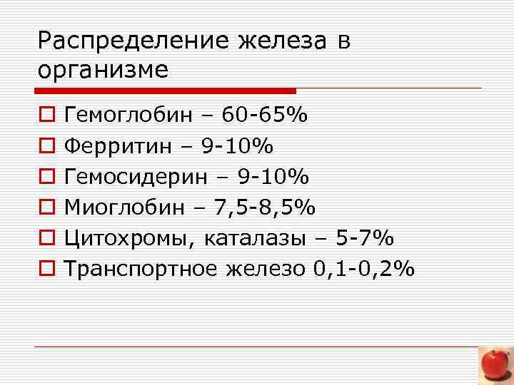 Распределение железа в организме o o o Гемоглобин – 60 -65% Ферритин – 9