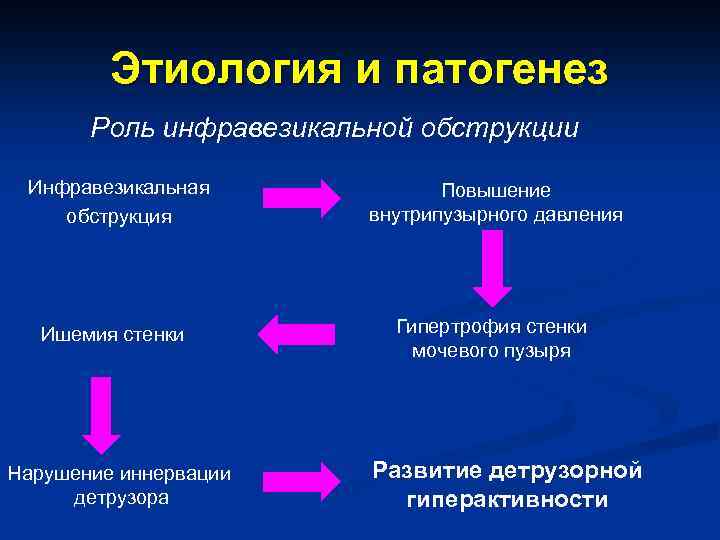 Этиология и патогенез Роль инфравезикальной обструкции Инфравезикальная обструкция Ишемия стенки Нарушение иннервации детрузора Повышение