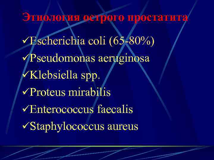 Этиология острого простатита üEscherichia coli (65 -80%) üPseudomonas aeruginosa üKlebsiella spp. üProteus mirabilis üEnterococcus