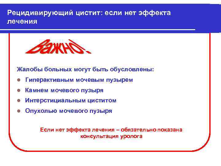 Рецидивирующий цистит: если нет эффекта лечения Жалобы больных могут быть обусловлены: l Гиперактивным мочевым