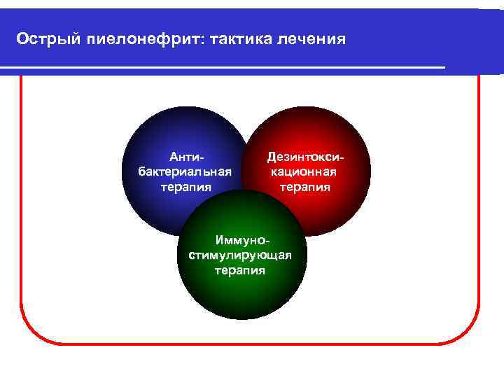 Острый пиелонефрит: тактика лечения Антибактериальная терапия Дезинтоксикационная терапия Иммуностимулирующая терапия 