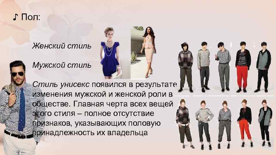 ♪ Пол: Женский стиль Мужской стиль Стиль унисекс появился в результате изменения мужской и