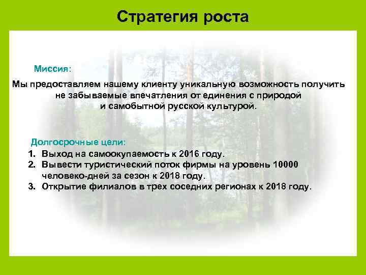 Стратегия роста Миссия: Мы предоставляем нашему клиенту уникальную возможность получить не забываемые впечатления от