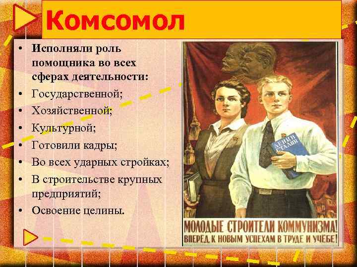 Планирования комсомола 4. Деятельность Комсомола. Роль Комсомола. Роль ВЛКСМ В СССР. Функции Комсомола.