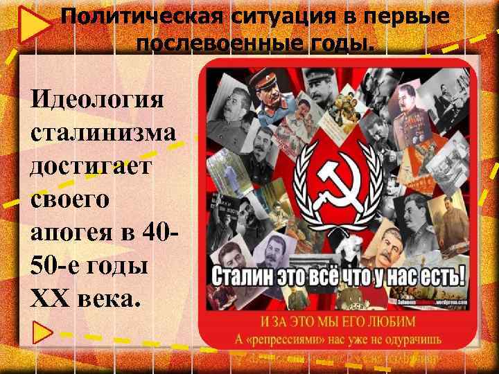 Политическая ситуация в первые послевоенные годы. Идеология сталинизма достигает своего апогея в 4050 -е