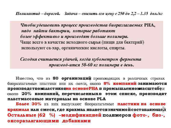 Полилактид – дорогой. Задача – снизить его цену с 250 до 2, 2 –