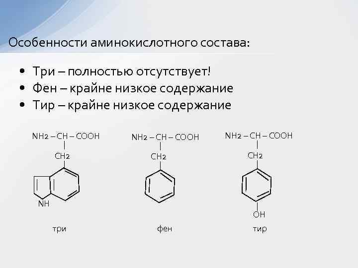 Особенности аминокислотного состава: • Три – полностью отсутствует! • Фен – крайне низкое содержание