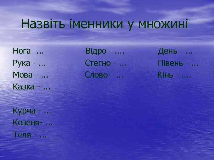  Назвіть іменники у множині Нога -. . . Відро -. . День -.