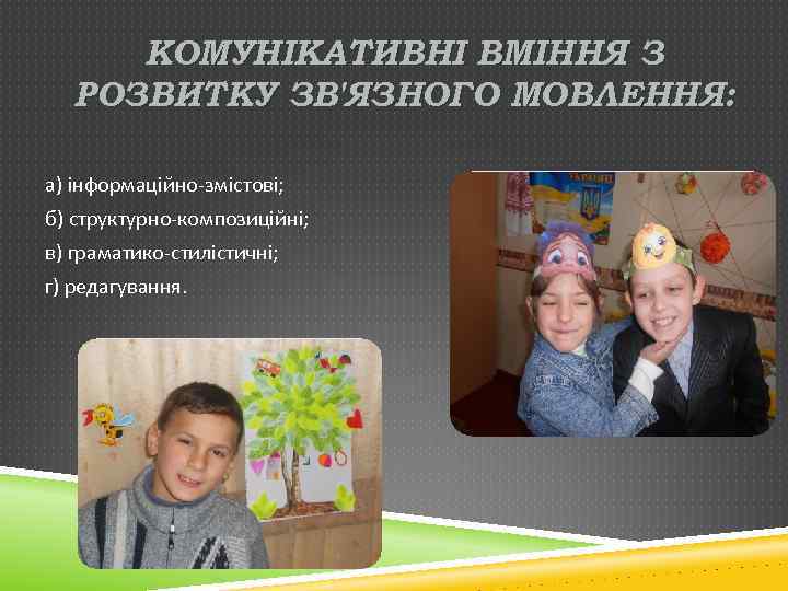 КОМУНІКАТИВНІ ВМІННЯ З РОЗВИТКУ ЗВ'ЯЗНОГО МОВЛЕННЯ: а) інформаційно-змістові; б) структурно-композиційні; в) граматико-стилістичні; г) редагування.