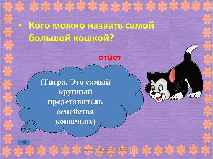  • Кого можно назвать самой большой кошкой? ответ (Тигра. Это самый крупный представитель